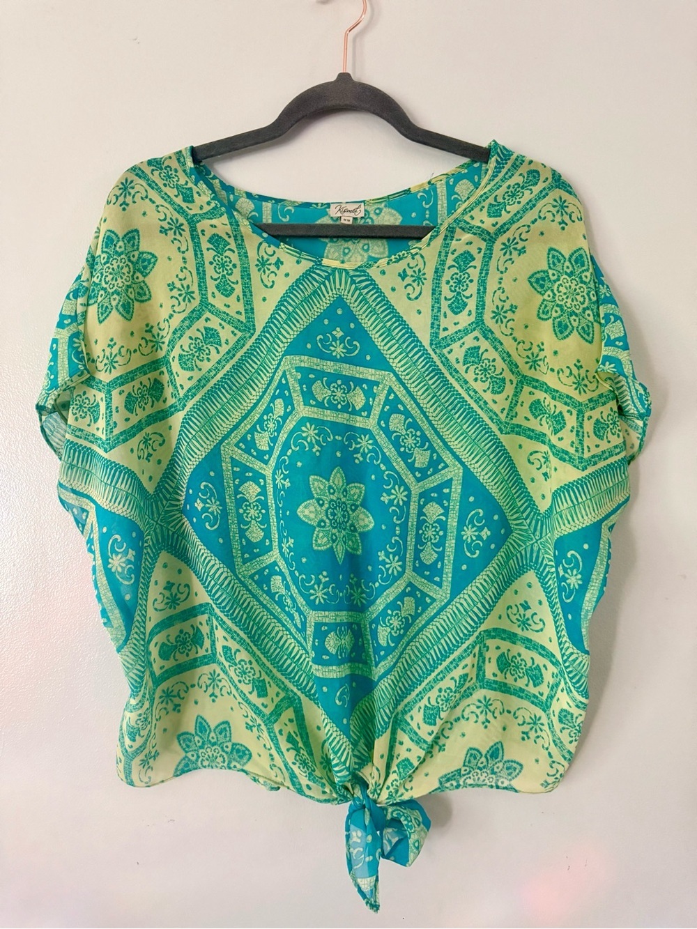 KISMET Turquoise & Lime Geometric Print Tie-Front Blouse (Medium)